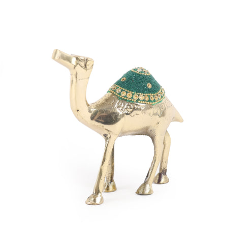 Handcrafted Brass Camel Figurine with Green Stone Embellishment