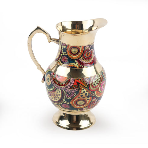 Traditional Brass Jug Pitcher with Vibrant Indian Motifs - 1 Litre