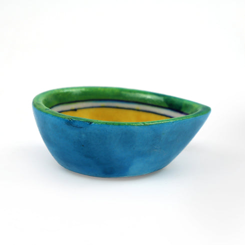 Green & Yellow Blue Pottery Leaf Diya