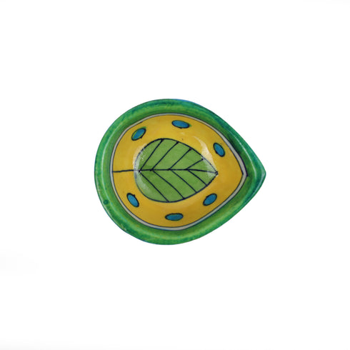 Green & Yellow Blue Pottery Leaf Diya