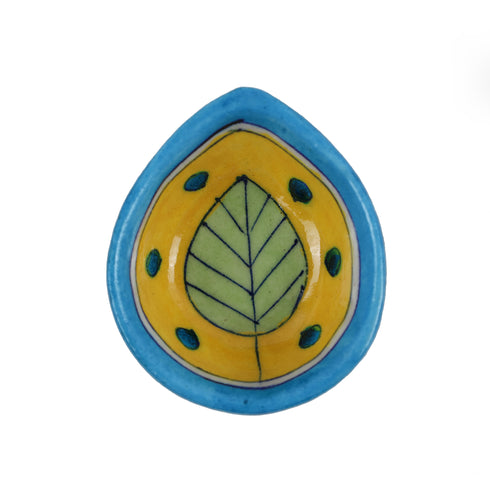 Blue & Yellow Leaf Blue Pottery Diya