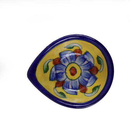 Hand Painted Blue Pottery Floral Diya Set in Yellow and Blue