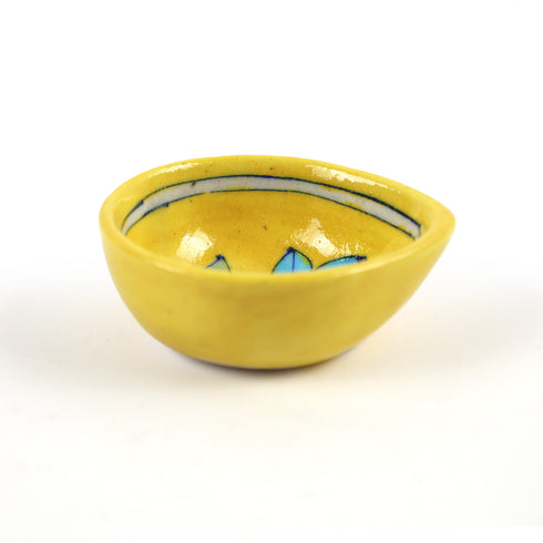 Yellow Decorative Lotus Pattern Blue Pottery Diya