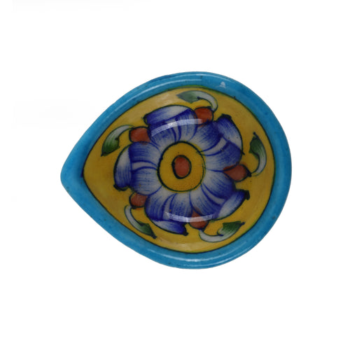 Handcrafted Blue Pottery Diya with Colourful Floral Motifs