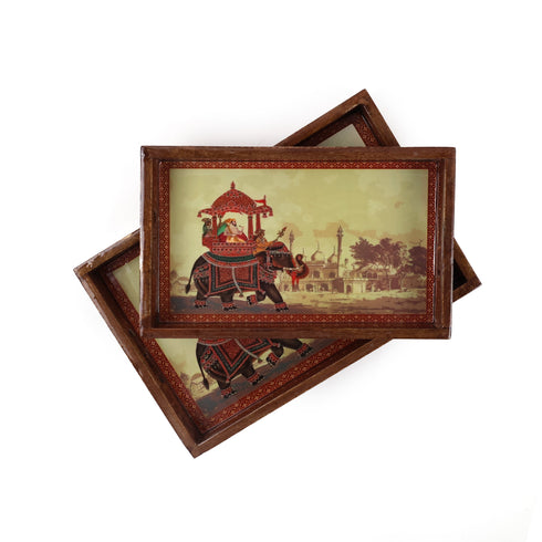 Traditional Elephant Wooden Serving Tray Set of 2