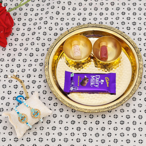 Brass Thali with Katori Set– Rakhi for Bhai-Bhabhi (Sky Blue - Pair)