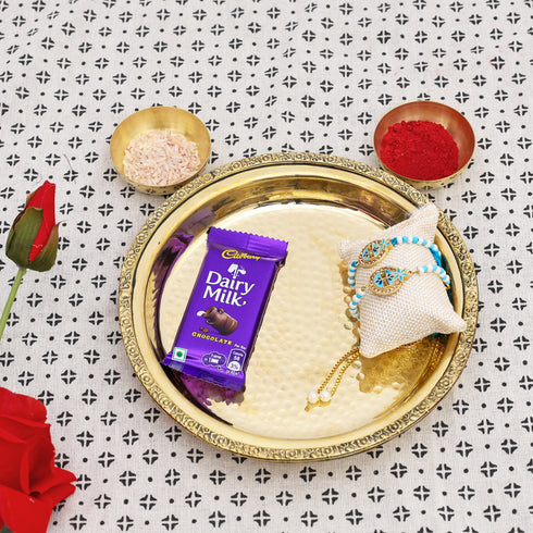 Brass Thali with Katori Set– Rakhi for Bhai-Bhabhi (Sky Blue - Pair)