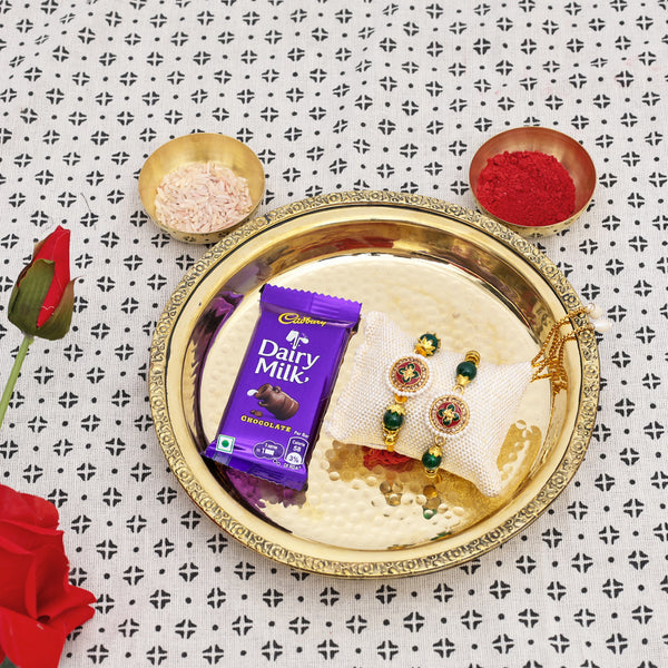 Brass Thali with Katori Set– Rakhi for Bhai-Bhabhi (Green - Pair)