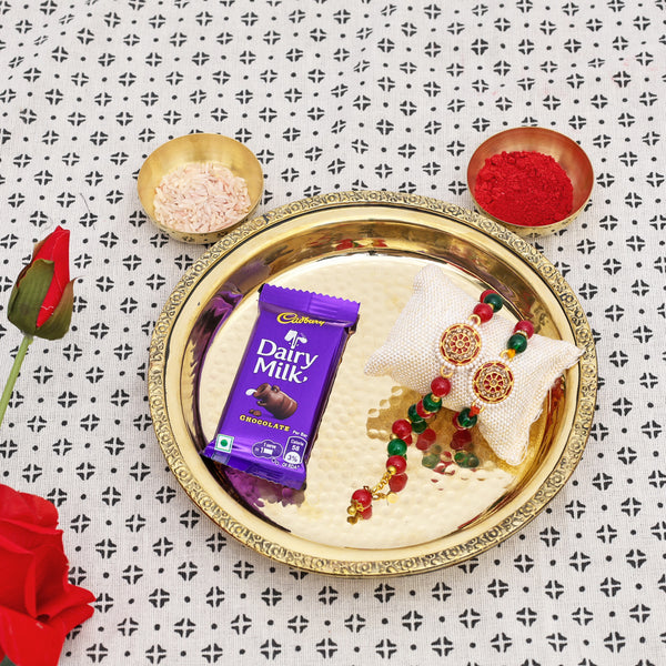 Brass Thali with Katori Set– Rakhi for Bhai-Bhabhi (Red - Pair)