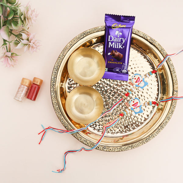 Brass Thali with Katori Set – Rakhi for Kids (Doremon - Pair)