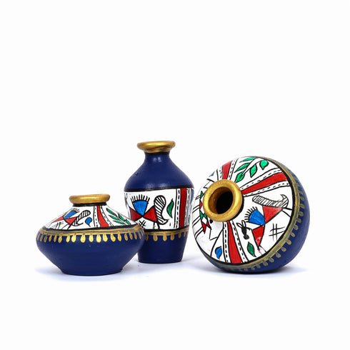 Handcrafted Yellow Terracotta Pots for Home Decor - Set of 3 - Warli Hand Painting