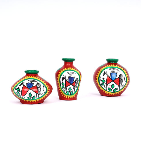 Hand-Painted Tribal Art Terracotta Vase Set (Set of 3)