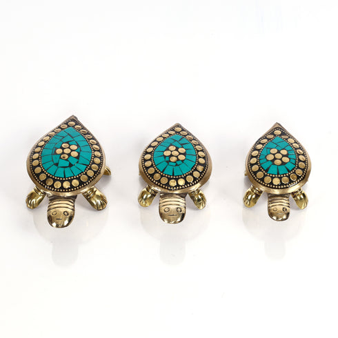 Brass Wish Tortoise with Hidden Wish Compartment - Intricate Green Detailing - Set of 3