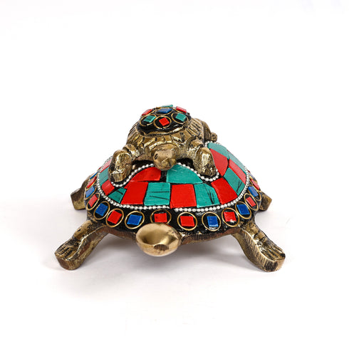 Brass Twin Tortoise Figurine - Handcrafted Multicolour Stone Work