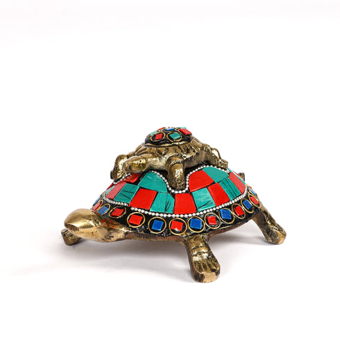 Brass Twin Tortoise Figurine - Handcrafted Multicolour Stone Work