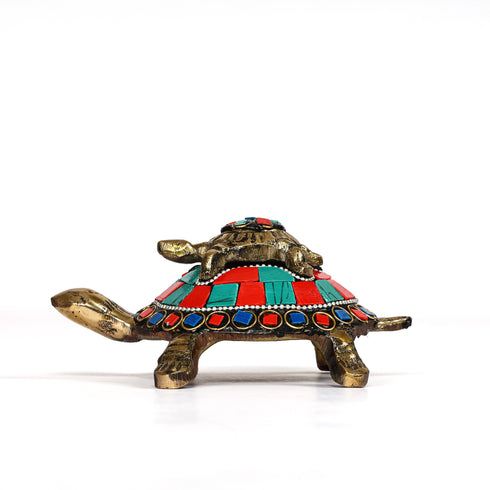 Brass Twin Tortoise Figurine - Handcrafted Multicolour Stone Work