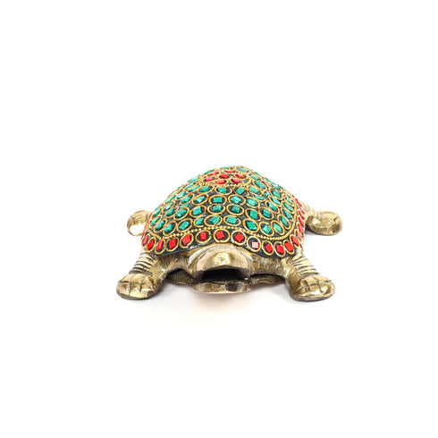 Handcrafted Brass Tortoise (Green Stones) Showpiece – Vastu Decor Item