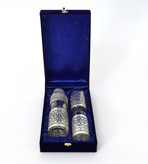 Handcrafted German Silver Glass Water Bottle Set with 2 Glasses - 1 Liter Traditional Indian Drinkware for Gifting & Home
