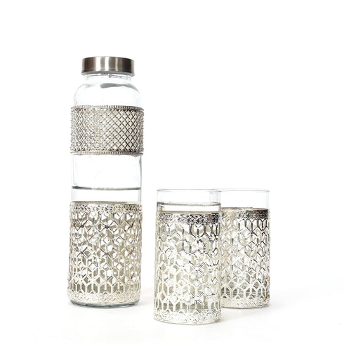 Handcrafted German Silver Glass Water Bottle Set with 2 Glasses - 1 Liter Traditional Indian Drinkware for Gifting & Home