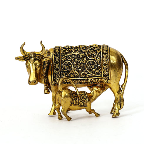Handcrafted Brass Kamdhenu Cow and Calf Figurine Spiritual Decor