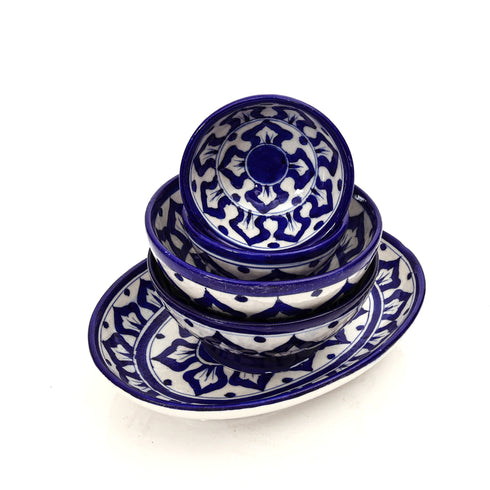 Blue Pottery Medallion Dining Collection - Elegant 3-Piece Serving Set