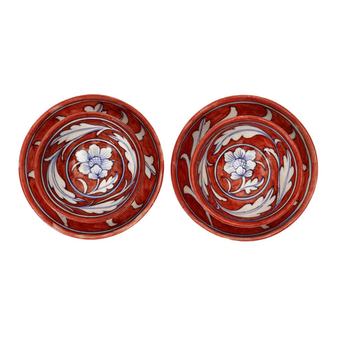 Set of 2 Jaipur Blue Pottery Bowls – Handcrafted Red Floral Decorative Bowls (6" & 4")