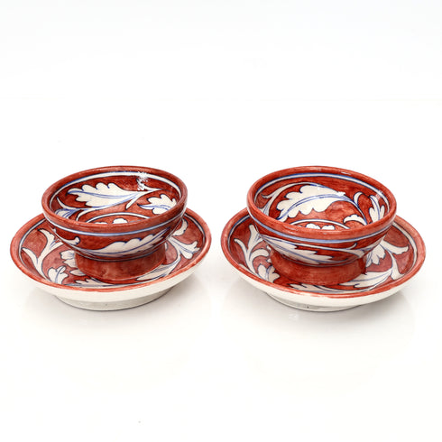 Set of 2 Jaipur Blue Pottery Bowls – Handcrafted Red Floral Decorative Bowls (6" & 4")