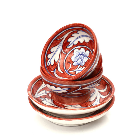 Set of 2 Jaipur Blue Pottery Bowls – Handcrafted Red Floral Decorative Bowls (6" & 4")