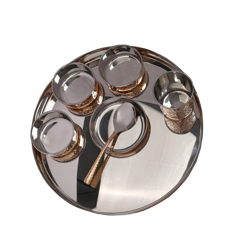 Luxurious Copper-Trimmed Thali Dining Set | 7-Piece Traditional Indian Dinnerware