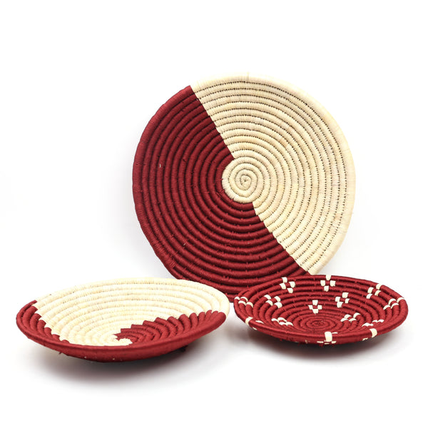 Handcrafted Sabai Grass Wall Décor Plates – Set of 3 (Maroon & Beige)