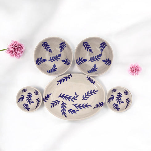 Indigo Leaf Motif Serving Set – Jaipur Blue Pottery Elegance for Everyday Charm