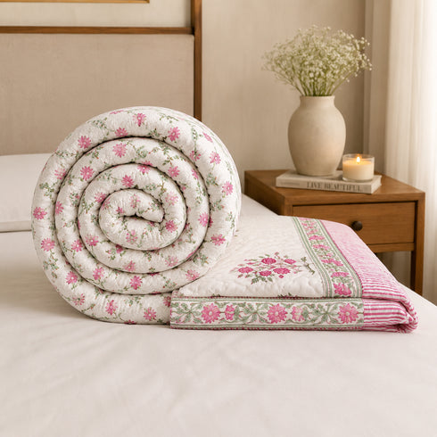 Ivory Blossom Mulmul Cotton Handmade Razai – Hand Block Print