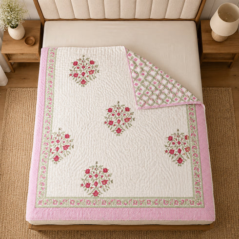 Ivory Blossom Mulmul Cotton Handmade Razai – Hand Block Print