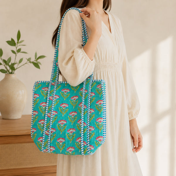 Jade Garden Green Floral Pattern Tote Bag – Hand Block Print
