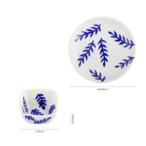 Jaipur Blue Pottery Bowl & Plate Set – Indigo Leaf Design