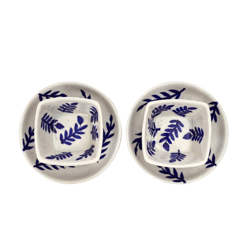 Jaipur Blue Pottery Bowl & Plate Set – Indigo Leaf Design