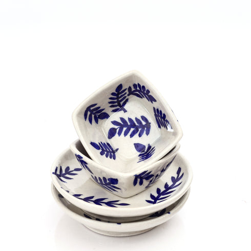 Jaipur Blue Pottery Bowl & Plate Set – Indigo Leaf Design