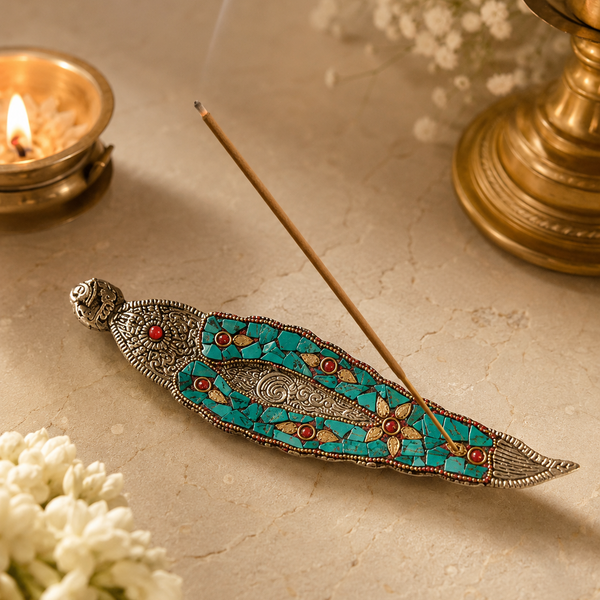 German Silver Stone Embellished Elephant Incense Stick Holder/Agarbatti Stand