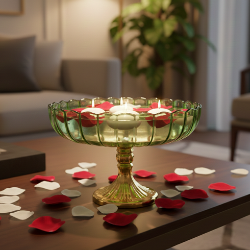 Decorative candle holder with floating candles on a table in a living room setting.