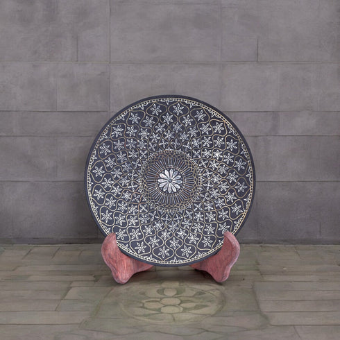 Large Bidri Art Decorative Plate - Silver & Gold inlay work