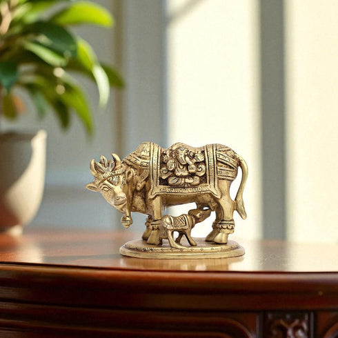 Large Brass Handcrafted Kamdhenu Cow and Calf