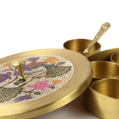 Large Twin Peacock Brass Spice Box