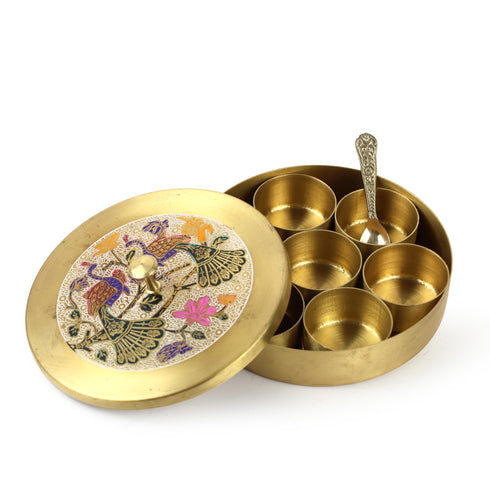 Large Twin Peacock Brass Spice Box