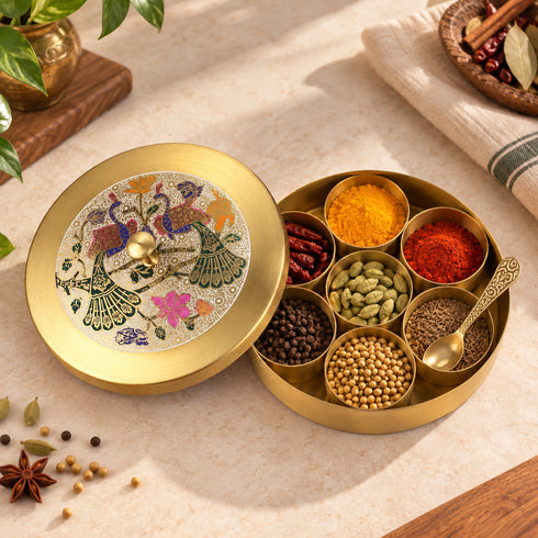 Large Twin Peacock Brass Spice Box
