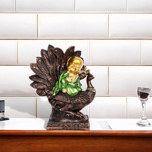Laughing Buddha on a Peacock Showpiece for Home Décor