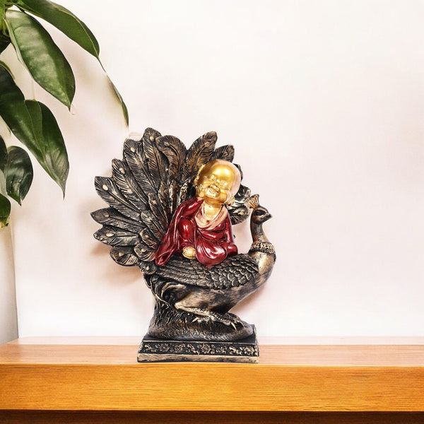 Laughing Buddha on a Peacock Showpiece for Home Décor