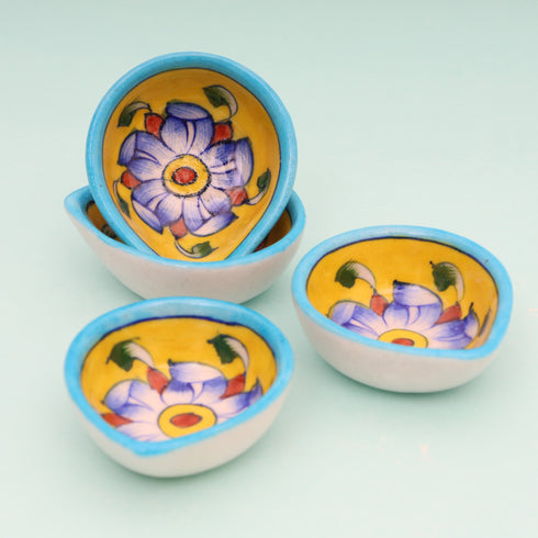 Leaf-Shaped Handcrafted Yellow & Turquoise Blue Pottery Diyas Set