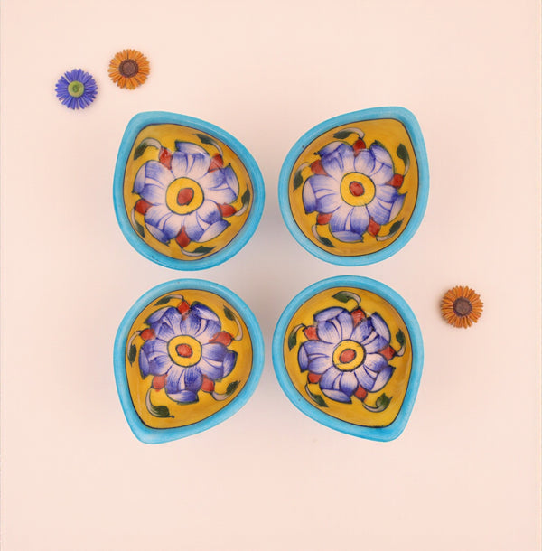 Leaf-Shaped Handcrafted Yellow & Turquoise Blue Pottery Diyas Set