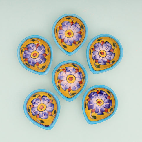 Leaf-Shaped Handcrafted Yellow & Turquoise Blue Pottery Diyas Set