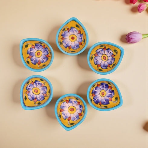 Leaf-Shaped Handcrafted Yellow & Turquoise Blue Pottery Diyas Set
